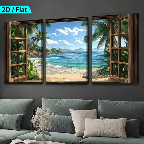 2D Flat, [2D/Flat Print] Framed Canvas Painting And Poster, Ready to Hanging, The Natural Marine Scenery Of The Coastal Beach Outside The Window, Home Decor, Wall Art, Room Decoration, Holiday Gift