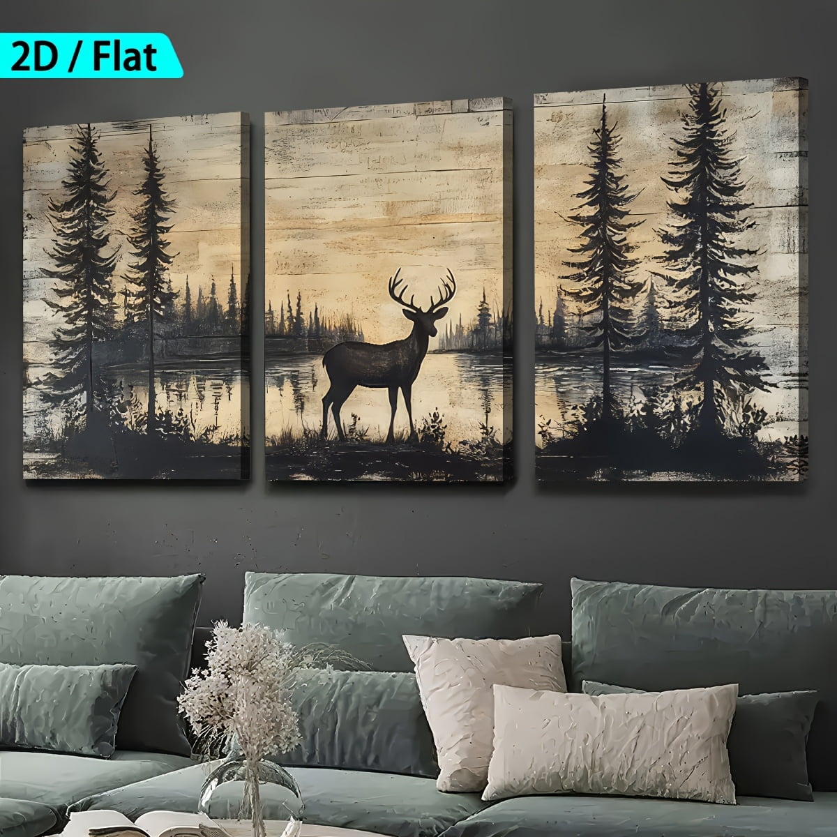 2D Flat, [2D/Flat Print] Framed Canvas Painting And Poster, Ready to Hanging, Retro Abstract Forest Deer Animal Art, Home Decor, Wall Art, Room Decoration, Holiday Gift, Living Room, Bedroom