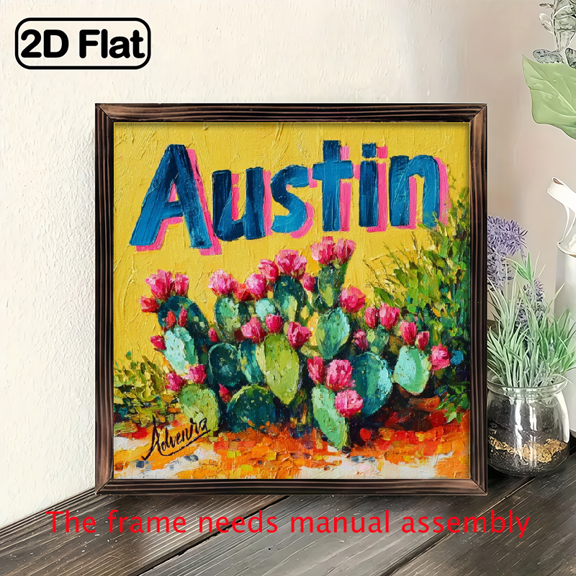 2D Flat, 2D Flat Printing 1pc, Rustic Austin Cactus Wooden Frame Sign Summer Theme Wall Art Wall Hanging Artistic Style Wall Decor for Home Office Living Room Bedroom Decorative Sign 8x8 Inch