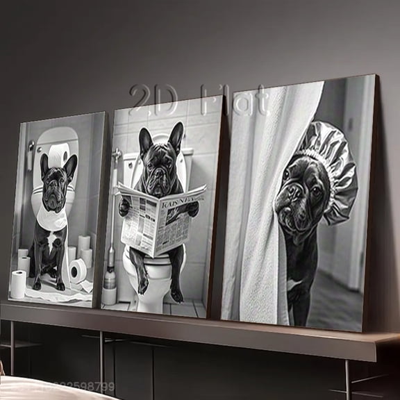 2D Flat, 2D Flat, Set of Three Framed Black And White Artworks Featuring a French Bulldog Humorously Reading a Newspaper, Perfect for Decorating Your for Home Office, Living Room, Or Bathroom
