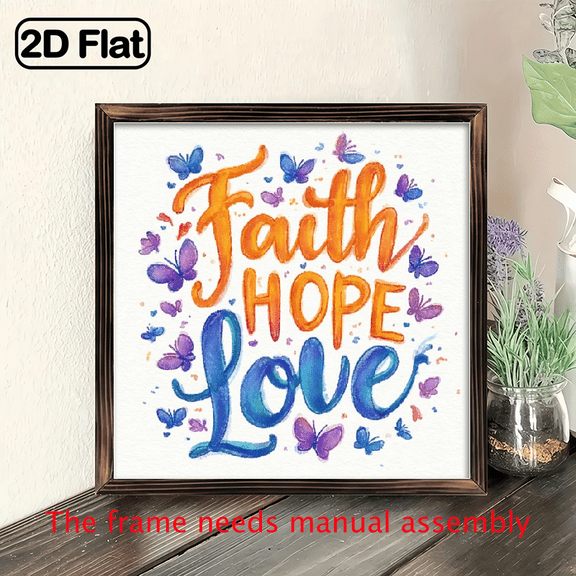 2D Flat, 2D Flat- Wall Pediments, 1pc Woodblock Print 8X8 Inchespainted Butterflies Believe In Hope And Lovesuitable for Home Decor Office Bedroom Holiday Decoration Fathers Day Indepe