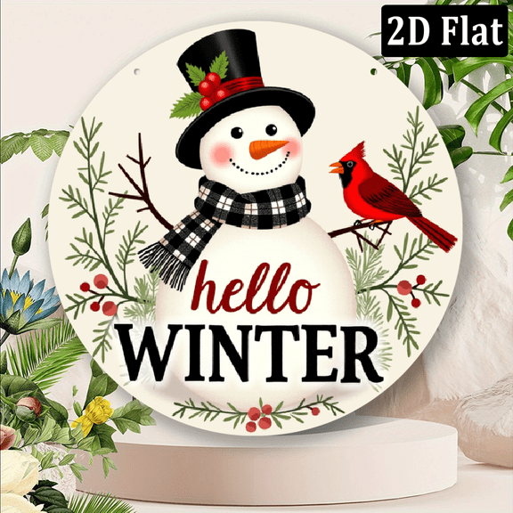 2D Flat - 2D FlatRetro Aluminum Winter Wall Hanging-Snowman and Cardinals Design with Winter Holiday Greetings, Holly Berry and Pine Cones-Multi-Purpose Holiday Decoration, Suitable