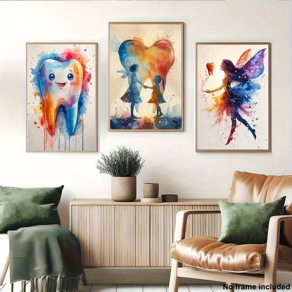 2D Flat, 2D Frameless Decorative Painting Set of 3pcs, 2D Frameless Canvas Painting, Three Pieces Living Room Decorative Painting, 3pcs Modern Frameless Canvas Art Print Set, Vivid Teeth and Fairy D