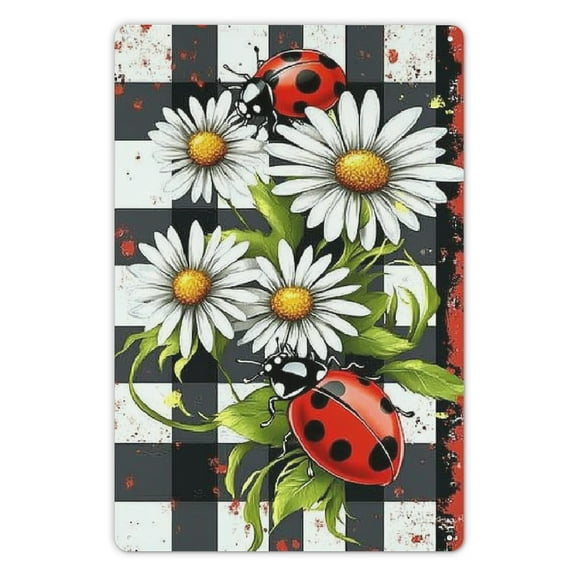2D Flat, 2D Wall Art - 1pc, Daisies and Ladybugs on Black and White Checkerboard - Vintage Metal Tin Painting, Decorative Art, Easy Installation, 7.8x11.8inches