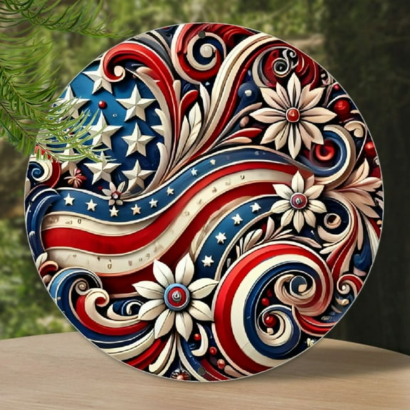 2D Flat, A 2D flat patriotic Independence Day metal wall art round picture is suitable for room decor, wall decor, restaurant decor, bar decor, cafe decor, garage decor, farmhouse decor novelty