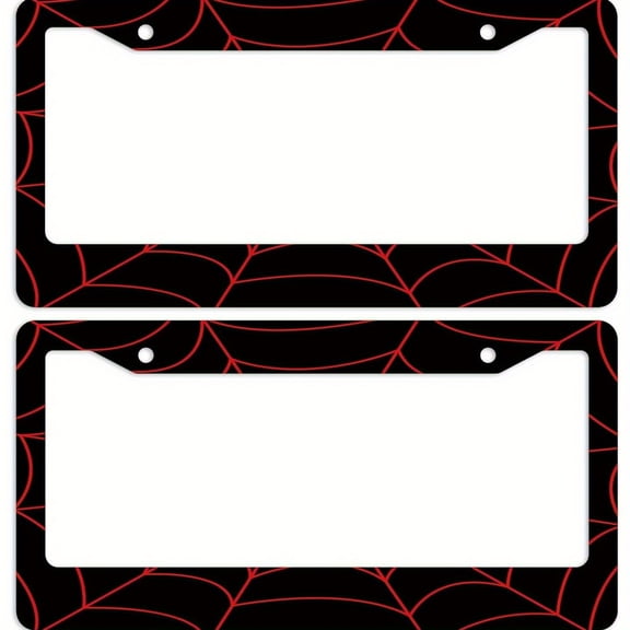 2D Flat 2pcs Black Spider Web License Plate Frame with Red Web Design- Durable Aluminum Car License Plate Holder, Suitable for US Vehicles, Unisex, Car Exterior Accessory| Spider Web Pattern
