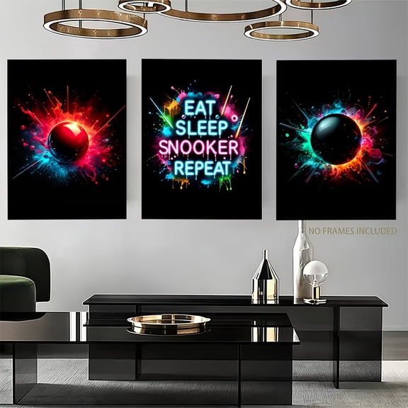 2D Flat, 3-Panel Neon Billiards Wall Art Set - Retro 80s/90s Arcade Theme Pool Table Posters with 8- & 9- Design, Frameless Vertical Canvas Prints for Game Room, for Cave, Home Office - Christmas Gi
