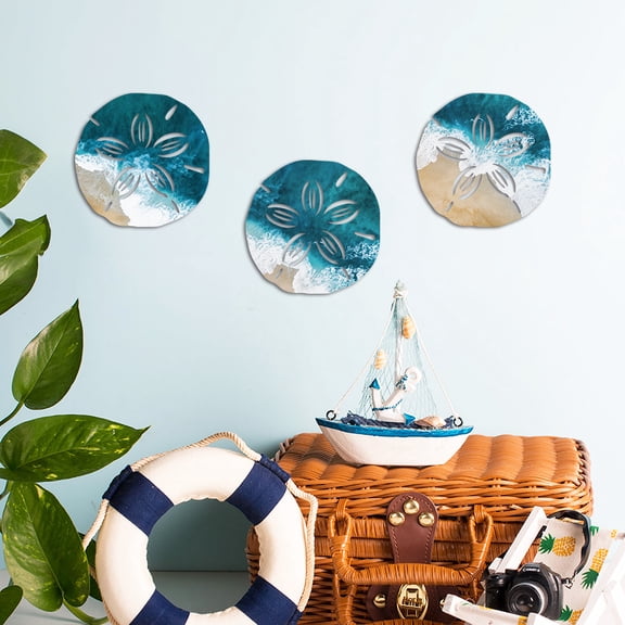 2D Flat 3pc Sand Dollar Shaped Sea Wave Blue Ocean Element Wooden Wall Decor for Beach House Bathroom Decor, Gift for Friend Family