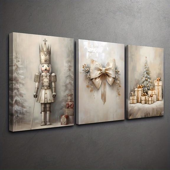 2D Flat, 3pcs 2D Canvas Frameless Poster Print, Vintage Christmas Tree Wall Art with Nutcracker Design and Retro Bow Tie for Home Decor, Large Wall Decor, Artwork Wall Decor, Festive Wall Print, Hol