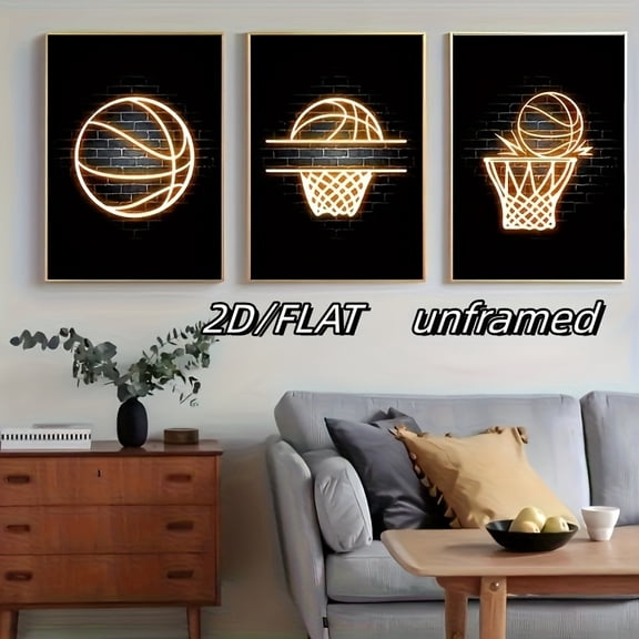 2D Flat, 3pcs 2D/FLAT Basketball Posters And Prints Wall Art, Neon Painting On Canvas, Modern Murals, Teenage Boys Room Decoration Picture, Frameless, 11.81×15.75inch