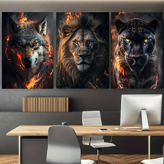 2D Flat, 3pcs 2D Flat Animal Portrait Triptych Prints with Flames Background - Fierce Wolf, Lion, and Leopard Posters - Frameless Art for Home, Office, Living Room, Bedroom Decor, Office Artwork|Ani