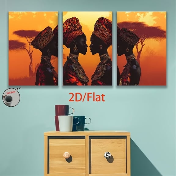 2D Flat 3pcs, 2D Flat Canvas Paintings- Frameless, African-Inspired Portrait with Traditional Adornments, Decorative Art Piece, Posters And Prints, Midsummer Festival, Home Decor, Father'S Day, Holi