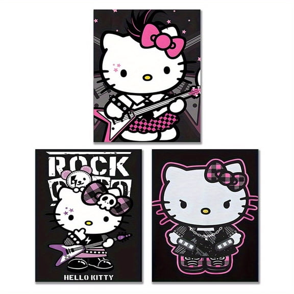 2D Flat, 3pcs, 2D Flat, Frameless, Sanrio Rock Band Hello Kitty Decorative Painting, Stylish Black and Pink Cute Hello Kitty Printed Canvas, Suitable for Home Living Room, Bedroom, Hallway, Children
