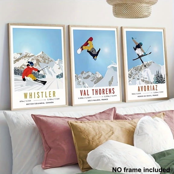 2D Flat, 3pcs, 2D Frameless Canvas Art, Decorative Painting, Multiple Sizes, 3pcs Tignes Ski Slope France Canada Wall Art Nordic Poster and Printed Picture for Living Room Home Decoration