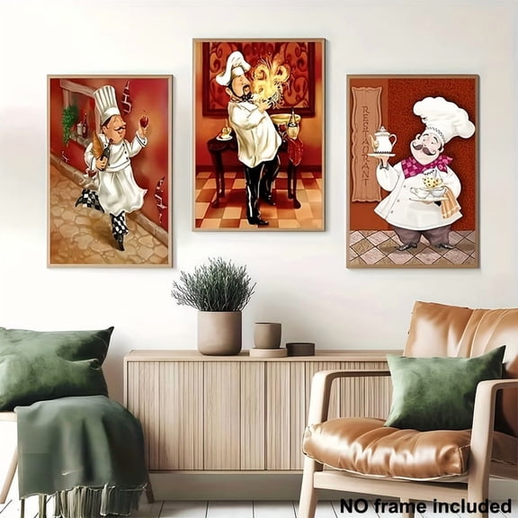 2D Flat, 3pcs, 2D Frameless Canvas Art, Decorative Painting Set in Various Sizes - 3pcs Chef Oil Paintings Wall Kit for Living Room, Bedroom & Kitchen; Perfect Corridors and Restaurants Bar Home Déc