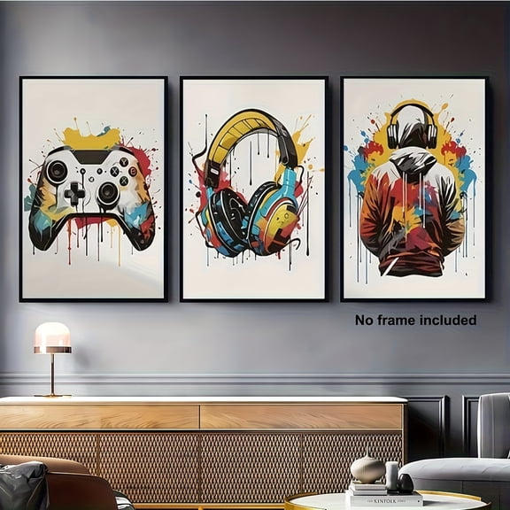 2D Flat, 3pcs, 2D Frameless Canvas Art, Set of 3 Living Room Decor Paintings and Posters - Modern Graffiti Style Vibrant Splatter Oil Painting Designs, Vertical Wall Prints for Teen Bedroom, Game Ro