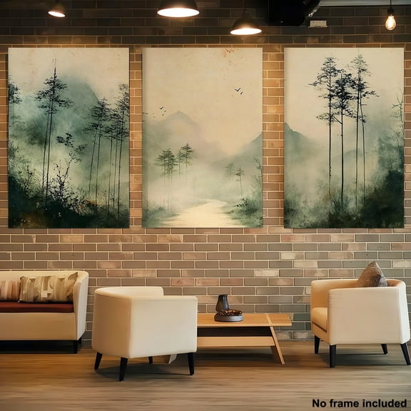 [2D Flat] 3pcs, 2D Frameless Canvas Art Set for Living Room Decor, Japanese Wall Murals Three Prints, Wabi Sabi Landscape, Minimalist Mid-Century Modern Style, Sage Green Ink Scenery