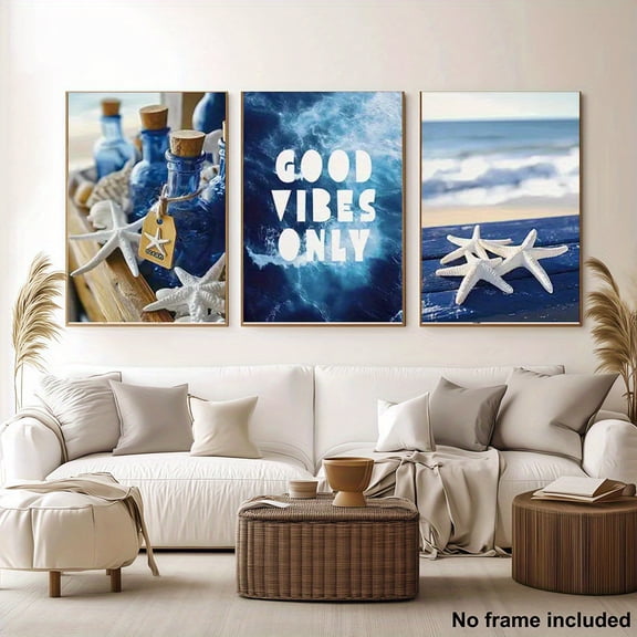 [2D Flat] 3pcs, 2D Frameless Canvas Art Set, Living Room Decorative Paintings, 3pcs Beach Fresh Photo Print, Wall Art Canvas Print, Art Modern Aesthetic Decoration, Home Decor Gift, Suitable for Liv