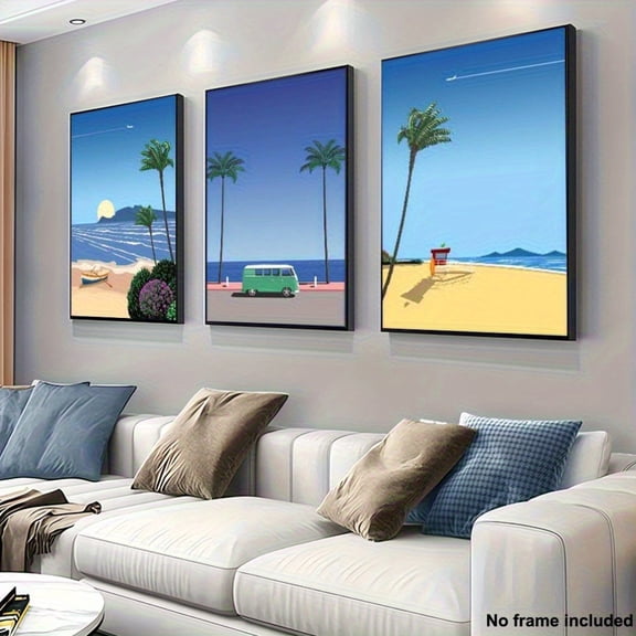 [2D Flat] 3pcs, 2D Frameless Canvas Art, Three-Piece Living Room Decor Set, Space Design Art Choice, Boat, Tour Bus, Beach Blue Sea View with Coconut Tree Decor Poster, Living Room Bar Bedroom Cafe