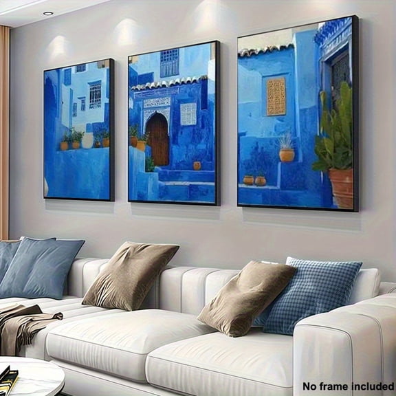[2D Flat] 3pcs, 2D Frameless Canvas Art, Three Pieces of Living Room Decorative Paintings, 3pcs Set of Frameless Canvas Posters, Blue Buildings, Moroccan Style, Vintage Wall Art Paintings, Suitable