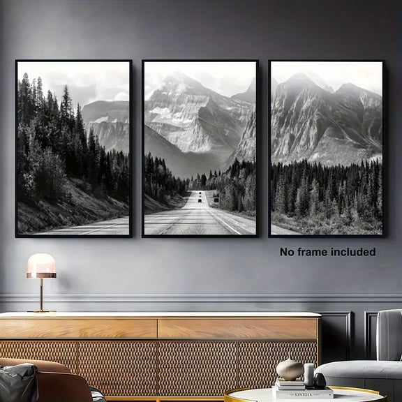 [2D Flat] 3pcs,2D Frameless Canvas Prints,Home Decor Paintings,3pcs Set Black And White Mountain Prints,Nature Wall Art,Forest Prints,Canvas Posters,Modern Wall Decor,Spring Decor,Interior Decoratio