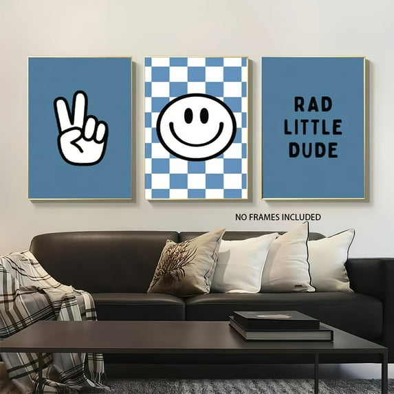 2D Flat, 3pcs 2D Frameless Peace Sign, joyful Face, Rad Little Dude Text - Color Block Design, Modern Wall Decor, Suitable for Living Room, Cafe, Home and Dormitory, Indoor & Outdoor Use, Interior A