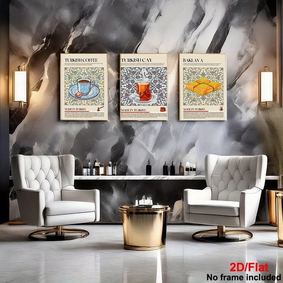 2D Flat, 3pcs, 2D Three Teas with Different Flavors, Poster Art by Ismail Acar – Behance Contest Winner, International Typographic Style Ottoman Miniature S Canvas Wall Art for Home and Dorm Decorat