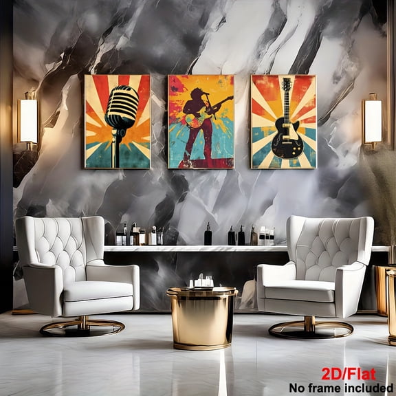 2D Flat, 3pcs,2D frameless canvas paintings, three different images of a for Man with a guitar and a microphone, style poster, Suitable for living room, office, artistic home and room decor1, Frame