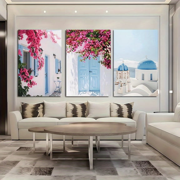 [2D Flat] 3pcs, 2nd Frameless Canvas Art, Decorative Greek Photography Set, Printable Bohemian Santorini Gallery Wall Decor, Mediterranean Three-Piece Set, Coastal Print, Greek Floral Poster