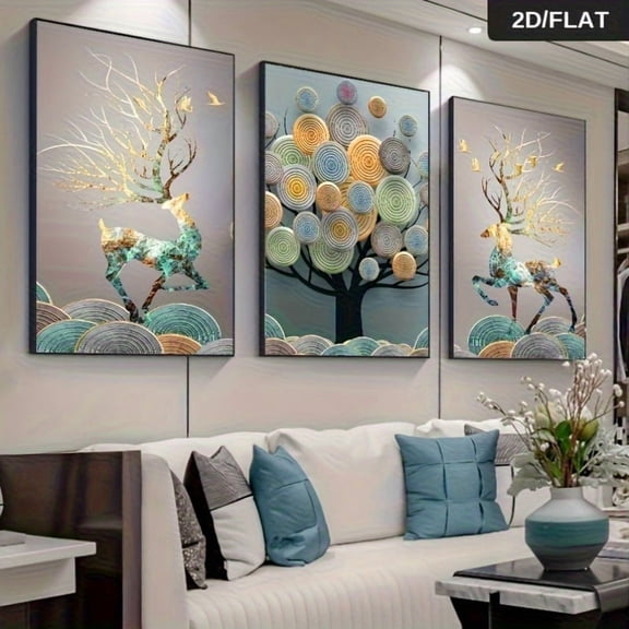 2D Flat, 3pcs 39.88*59.94cm Frameless Abstract Chinese Feng Shui Golden Tree Wall Art Canvas Painting - Rich Home Decor for Living Room, No Frame, Indoor Use, Indoor Wall Decor|Abstract Tree Design|