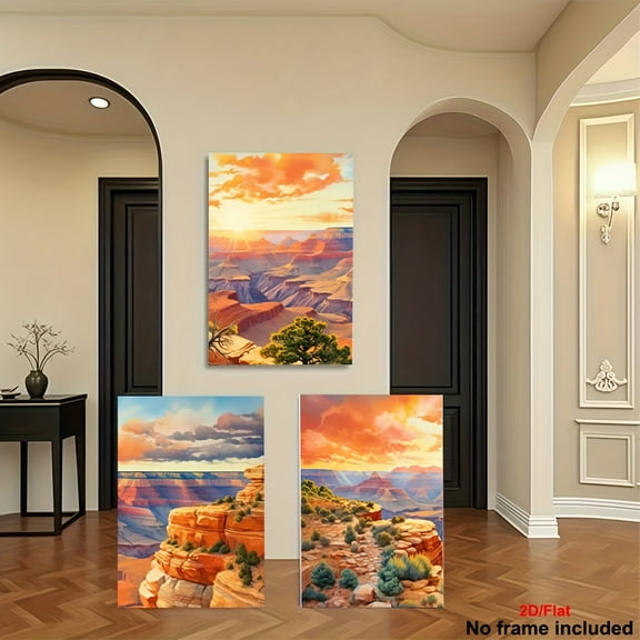 2D Flat, 3pcs Arizona Landscape Tri-Panel Wall Art Set - Modern/Classic/Art Deco Grand Canyon & Monument Valley Paintings on Canvas, Frameless Southwest Triptych for, Office, or Hallway - Arizona-Th