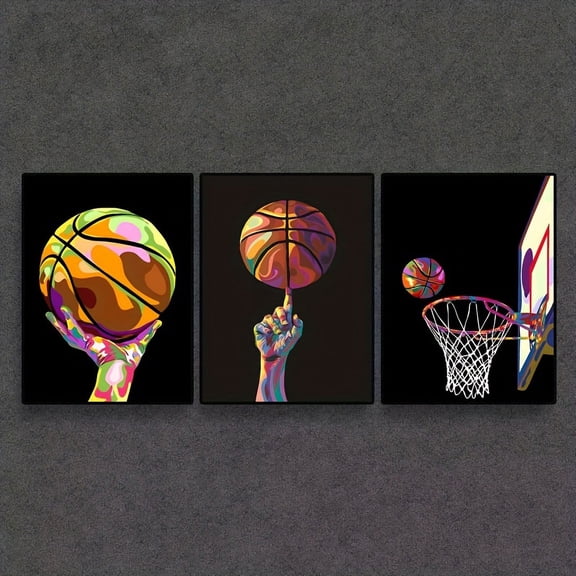 [2D Flat] 3pcs Art Deco Style Basketball Canvas Prints, 11, 81x15, 75inch Frameless Portrait Wall Art, Modern Colorful Sports Decor for Living Room & Gymnasium, 2D Flat, Perfect for Room Decor