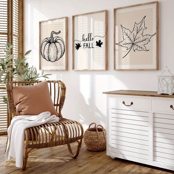 [2D Flat] 3pcs Autumn Wall Art Set - Black & Beige Fall-Themed Canvas Prints, Pumpkin & Leaf Designs, Frameless Modern Posters for Bedroom Decor, Perfect Gift Idea, Bedroom Decor | Seasonal Decor |
