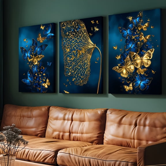 2D Flat, 3pcs Blue White Abstract Butterfly Wall Art Set - Modern Minimalist Navy White Frameless Canvas Paintings, Large Horizontal Panels for Living Room, Bedroom, Office Decor - Butterfly Theme T
