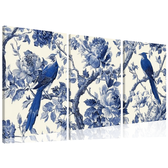 2D Flat, 3pcs Blue and White Porcelain Style Magpie Canvas Triptych, Decorative Paintings, Frameless, Classic Retro Art, Suitable for Living Room, Bedroom, Kitchen Decoration, Home Decoration
