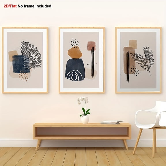 [2D Flat] 3pcs Bohemian Abstract Geometric Tropical Leaf Canvas Wall Art Set - Modern Minimalist Frameless Wall Decor for Living Room, Indoor Home Decoration, 2D Flat, Perfect for Room Decor, Wabi S