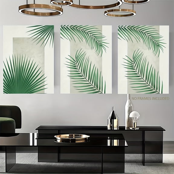 2D Flat, 3pcs Bohemian Minimalist Monstera & Palm Leaf Wall Art Prints - Vertical Frameless Tropical Leaf  Posters Suitable for / Green Beige Botanical Decor - Living Room, Bedroom, - Modern Housewa