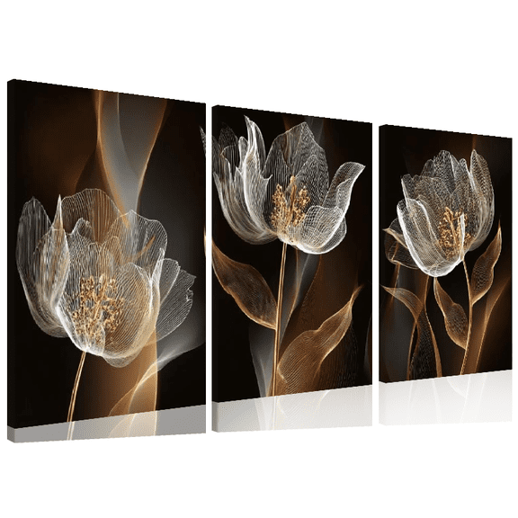 2D Flat, 3pcs Canvas Triptych, Black and Golden Flower Wall Art Canvas Painting for Living Room Decor - Modern Abstract Design, No Frame Required
