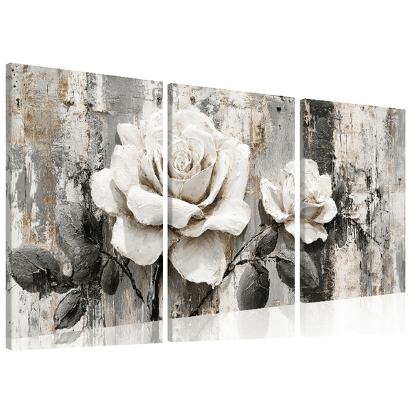 2D Flat, 3pcs Canvas Triptych, Fashion White Rose Canvas Art - Modern Abstract Floral Wall Decor, Suitable for Living Room, Office, Cafe - Perfect Gift for Halloween, Christmas, New Year