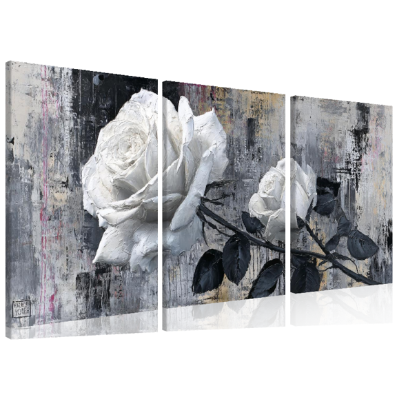 2D Flat, 3pcs Canvas Triptych, Fashion White Rose Canvas Art - Modern Abstract Floral Wall Decor, Suitable for Living Room, Office, Cafe - Perfect Gift for Halloween, Christmas, New Year