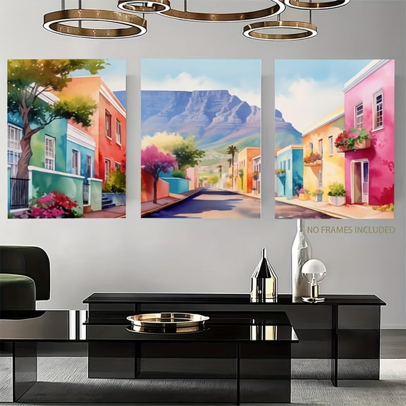 2D Flat, 3pcs Cape Town South Africa Wall Art Set - Bohemian Retro Vertical Frameless Canvas Posters, Table Mountain Scenery for / African-Themed Decor, Christmas Housewarming Gift for Cape Town Lo