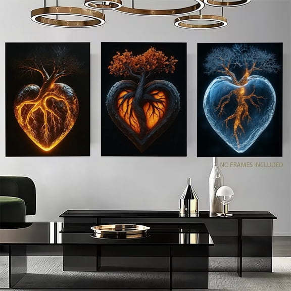 2D Flat, 3pcs Christmas Gifts Home Decorations Heart Tree Digital Art Print Set Glowing AI Surreal Poster Emotional Wall Decor Set of 3 Prints, Suitable for Living Room, Bedroom, Dining Room, Office