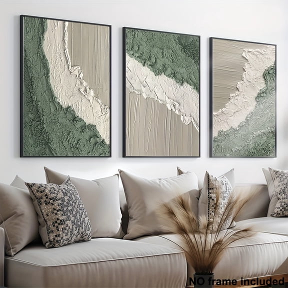 2D Flat, 3pcs Decorative Art Set, 2D Frameless Canvas Paintings - Sage Green Abstract Texture Wave Beach Wall Art, Large Beige Ocean Waves, Set of 3 Framed Prints for Room Décor