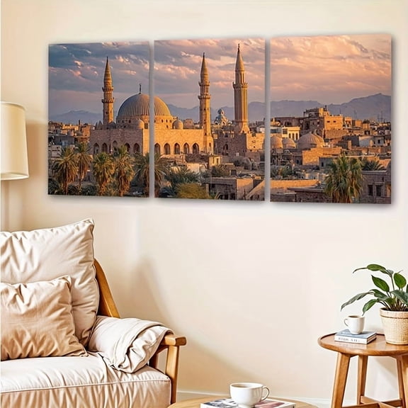 2D Flat, 3pcs Decorative Canvas Art Set, 2D Frameless Wall Paintings - High-Quality Triptych Prints (16.0x24.0 Inches), Raqqa Poster Collection, Syrian Travel Artwork, Middle Eastern Cityscape Wall