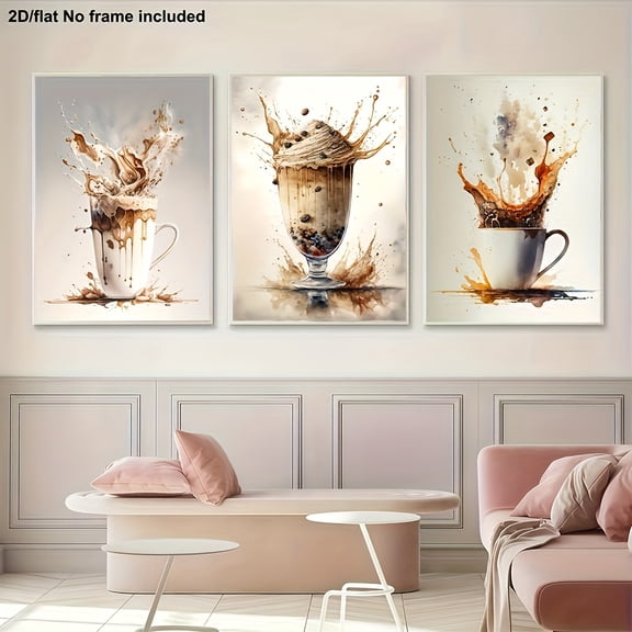 2D Flat, 3pcs, Decorative Painting, 2D Flat Frameless Canvas Art, Cappuccino Coffee Canvas Art, Abstract Coffee Wall Art, Kitchen Bar Decor, Cafe Home Decoration, Art Poster, Suitable for Home, Livi