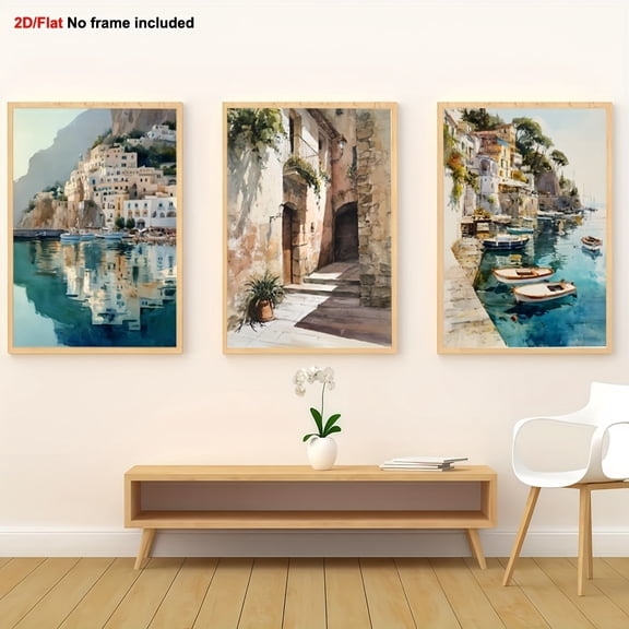 [2D Flat] 3pcs, Decorative Painting, 2D Flat Frameless Canvas Art Set - Italian Port and Alleyway Wall Art with Mediterranean Ship Design, Suitable for Home, Living Room, Bedroom Wall Decoration, 2D