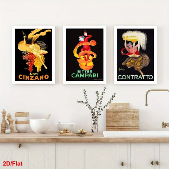 2D Flat, 3pcs Decorative Painting, 2D Frameless Canvas Painting, Set of Three Prints, Leonetto Cappiello - Asti Cinzano, Contratto And Campari. Vintage French Kitchen Poster
