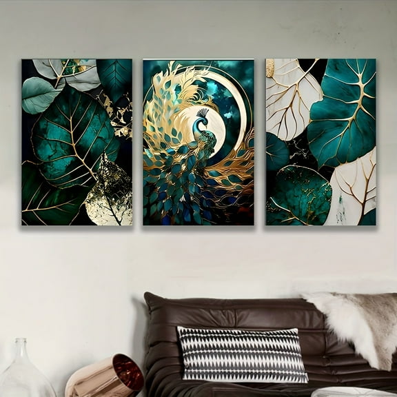 2D Flat 3pcs, Decorative Painting--Frameless, Peacock - Inspired Wall Art with Metallic and Teal Hues for Home Decor, Holiday Gifts, Birthday Gifts, Mothers Day, Fathers Day, home decor, 2D/Flat, Po