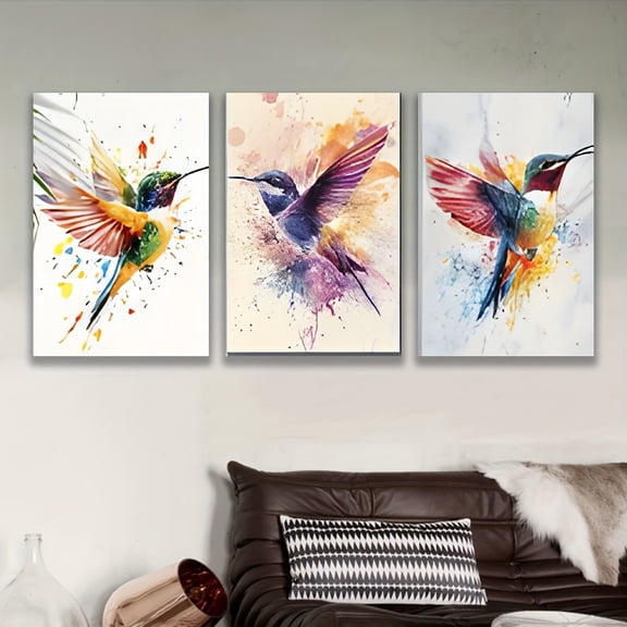 2D Flat 3pcs, Decorative painting--frameless, Watercolor Hummingbird Art - Vibrant Flying Bird Decor for Home. Posters and printed materials, Holiday Gifts, Mother'S Day, Home Decor, Birthday Gifts,