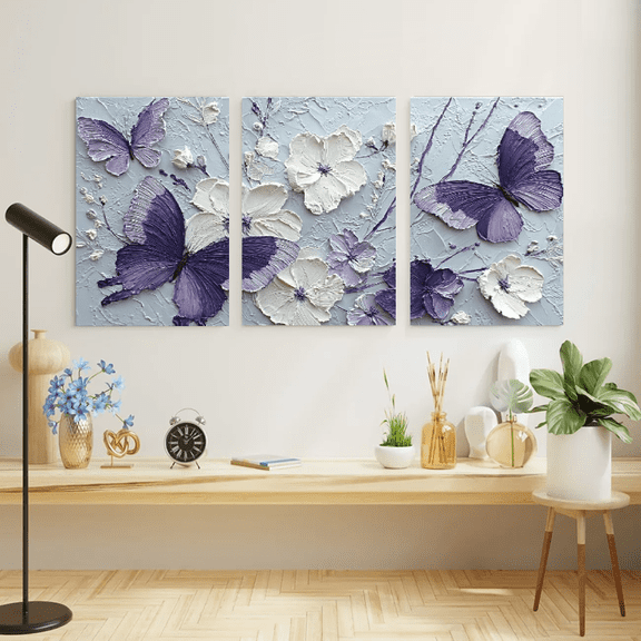 2D Flat, 3pcs Elegant Butterfly and Floral Canvas Art, Wooden Framed Large Print, Rustic Farmhouse Style, Floral Design on Grey Background, Perfect for Wedding, Home Decor, Butterfly Decorations